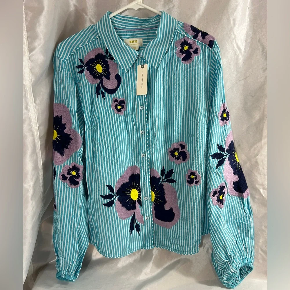 NWT Anthropologie Maeve Embroidered Button-Down Floral Patchwork Turquoise - Picture 3 of 8